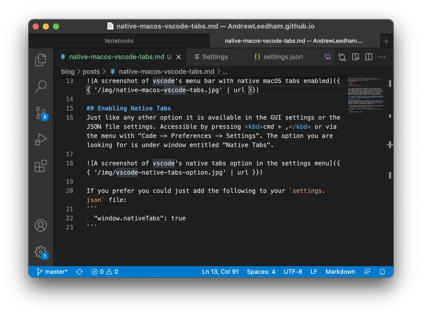 A screenshot of vscode&#x27;s menu bar with native macOS tabs enabled