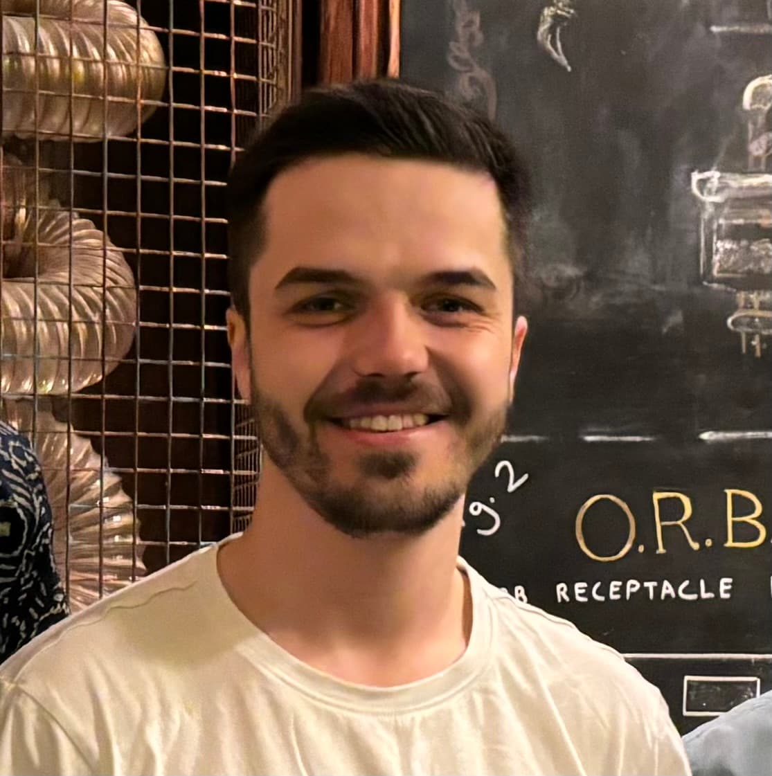 Black and white portrait of Andrew Leedham