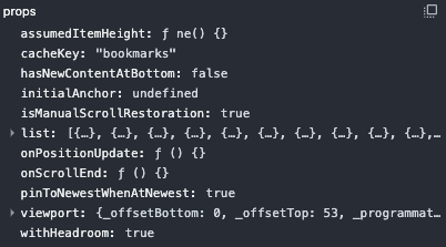 Shows the bookmarks component props in React Developer Tools